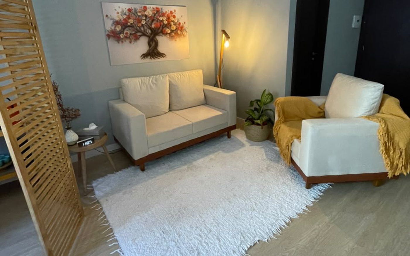 Sala de atendimento do consultório, com sofá e poltrona